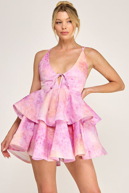 Plunging Neck Organza Ruffle Tie Back Sleeveless Dress
