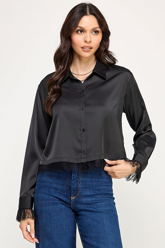lace trim satin crop button up top