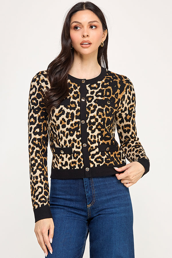 knit leopard long sleeve faux cardigan