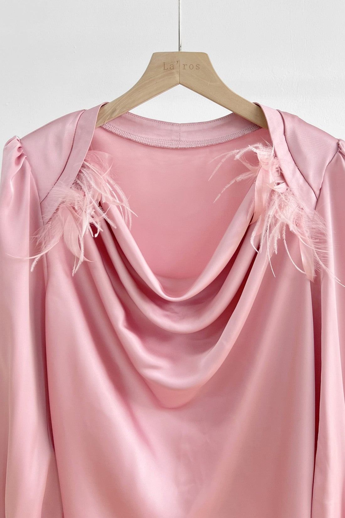 Feather Trim Draped Satin Long Sleeve Blouse