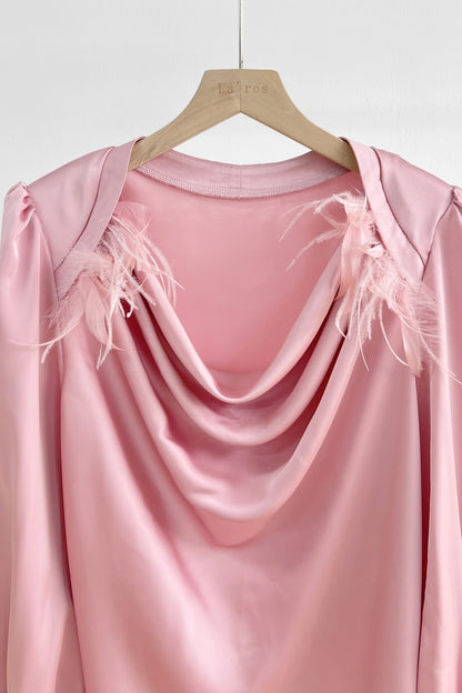 Feather Trim Draped Satin Long Sleeve Blouse