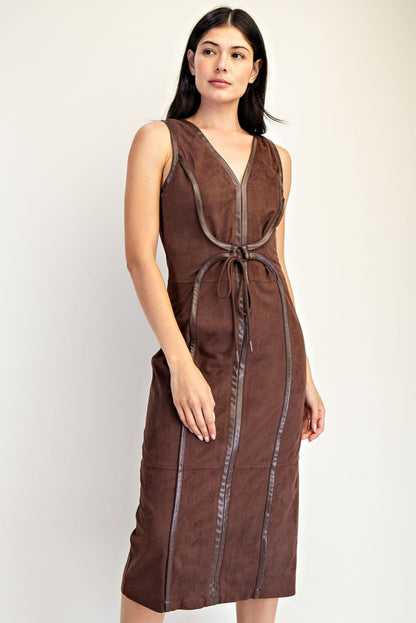 Faux Suede Leather Trim Sleeveless Midi Dress