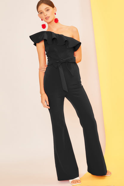 Ruffled One Shoulder Flare Jumpsuit