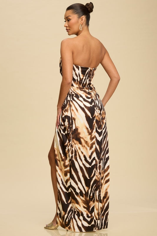tiger print strapless satin dress