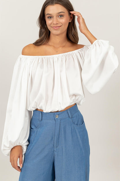 satin off the shoulder balloon sleeve top