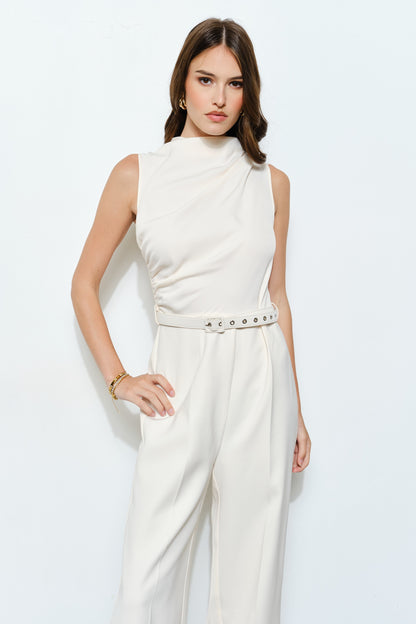 Asymmetric Draped Belted Sleeveless Jumpsuit