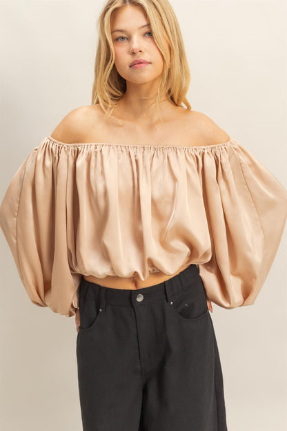 Balloon Sleeve Off the Shoulder Satin Blouse