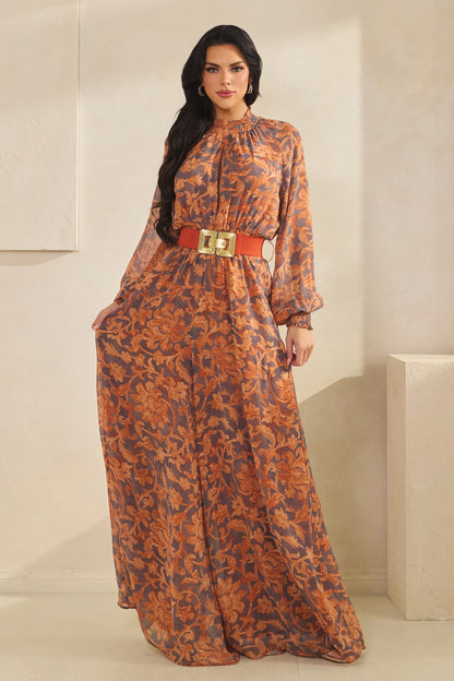 floral long sleeve mock neck wide leg jumpsuit