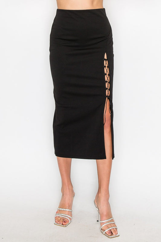Lace-up Slit High-rise Midi Skirt