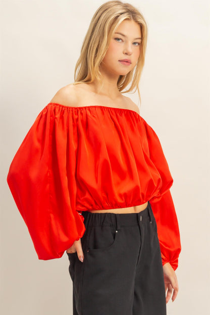 Balloon Sleeve Off the Shoulder Satin Blouse