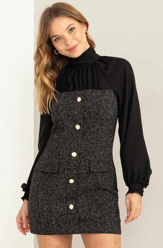 layered look long sleeve blouse tweed tube dress