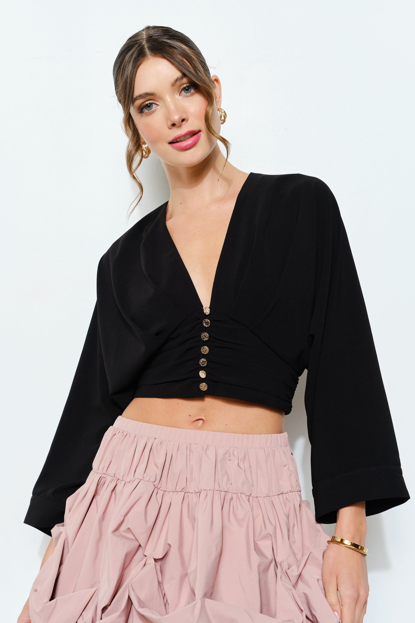 Ruched Button-front Kimono Sleeve Crop Top