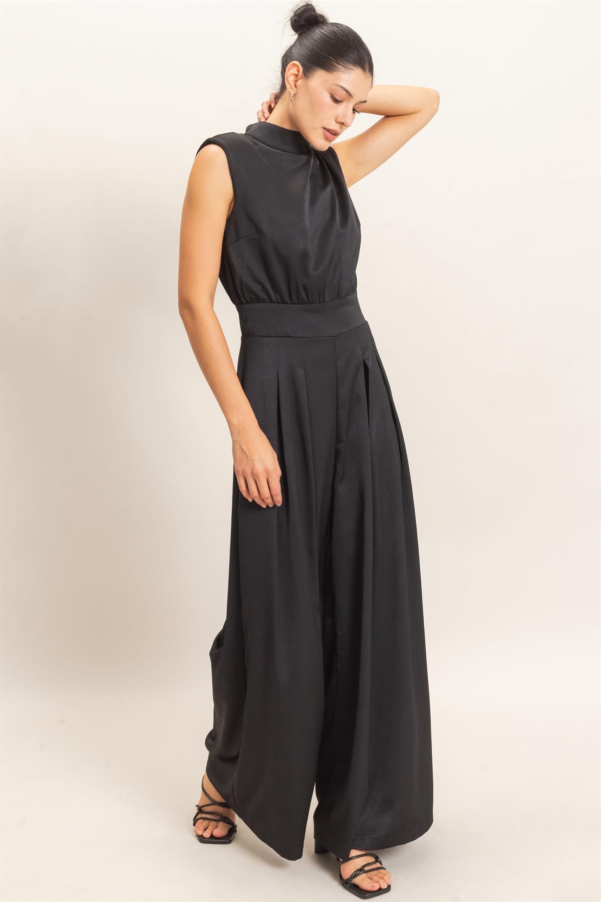 Sleeveless Mock Neck Wide Leg Jumpsuit