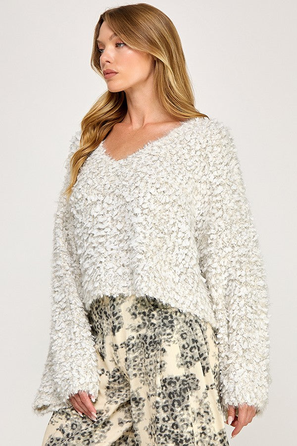 Textured Long-sleeve Fuzzy Sweater