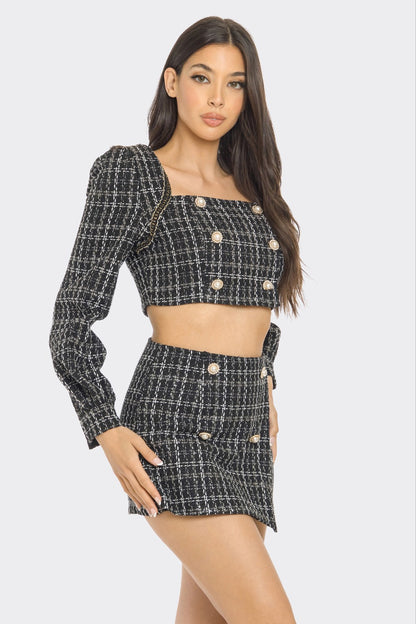 2pc set- tweed long sleeve crop top & skort