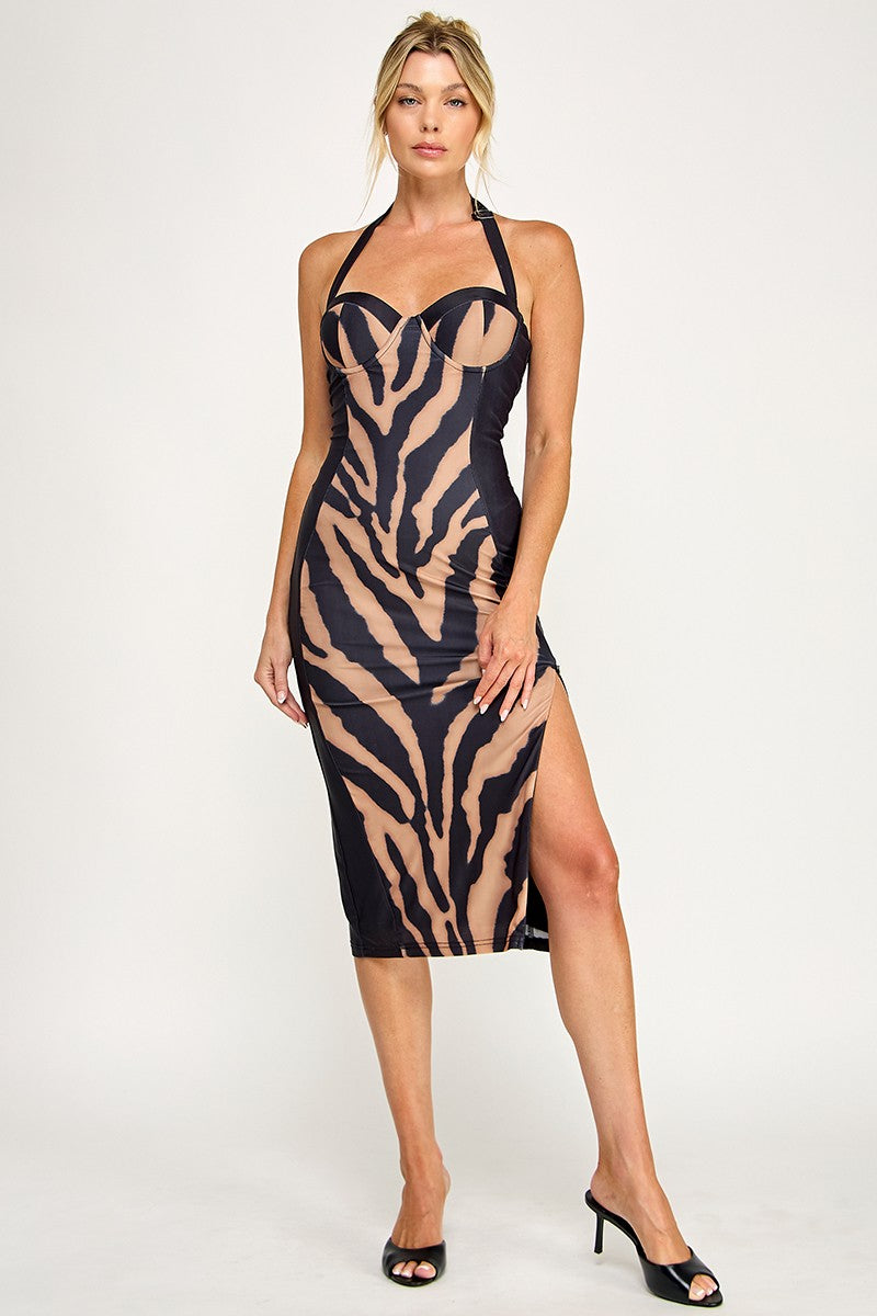 Scuba Tiger Corset Halter Sleeveless Midi Dress