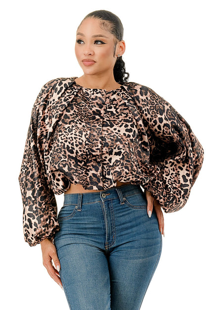 zip front leopard pleated bomber jacket