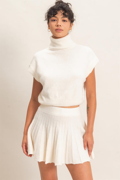 2pc set-Sweater Turtleneck Crop Top & Pleated Skirt