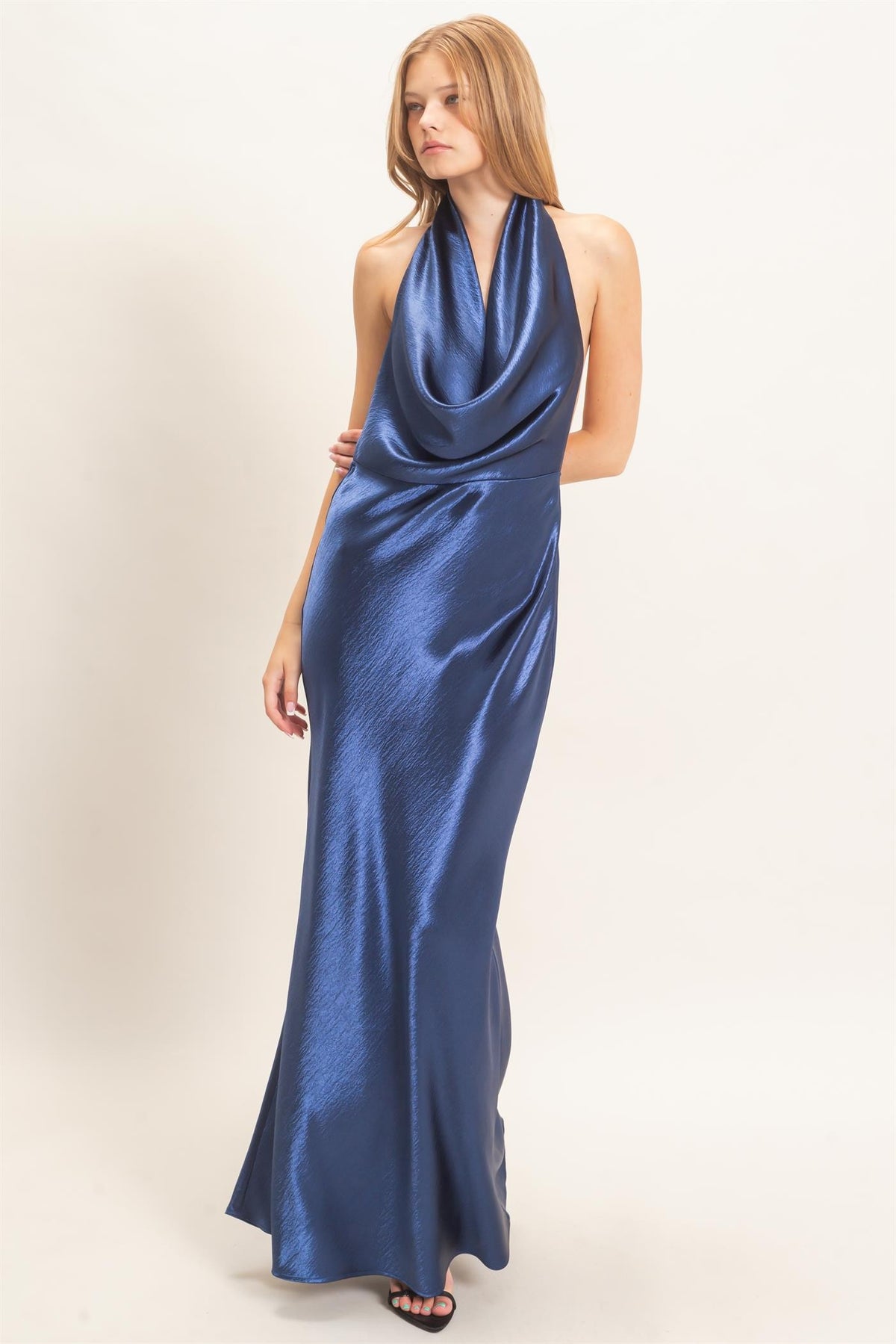 Satin Cowl Neck Halter Maxi Dress