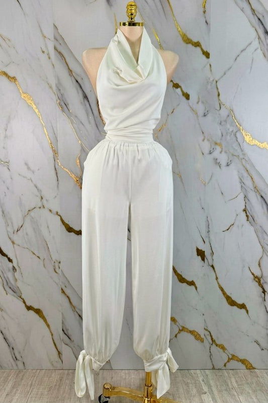 2pc set- tie back cowl halter top & jogger pants