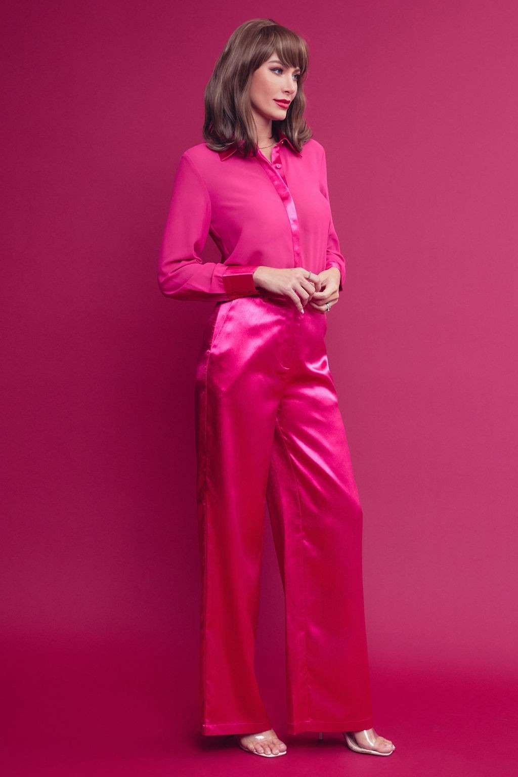 2pc- contrast trim sheer top & pants set