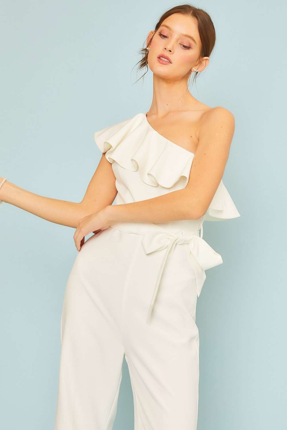 Ruffled One Shoulder Flare Jumpsuit