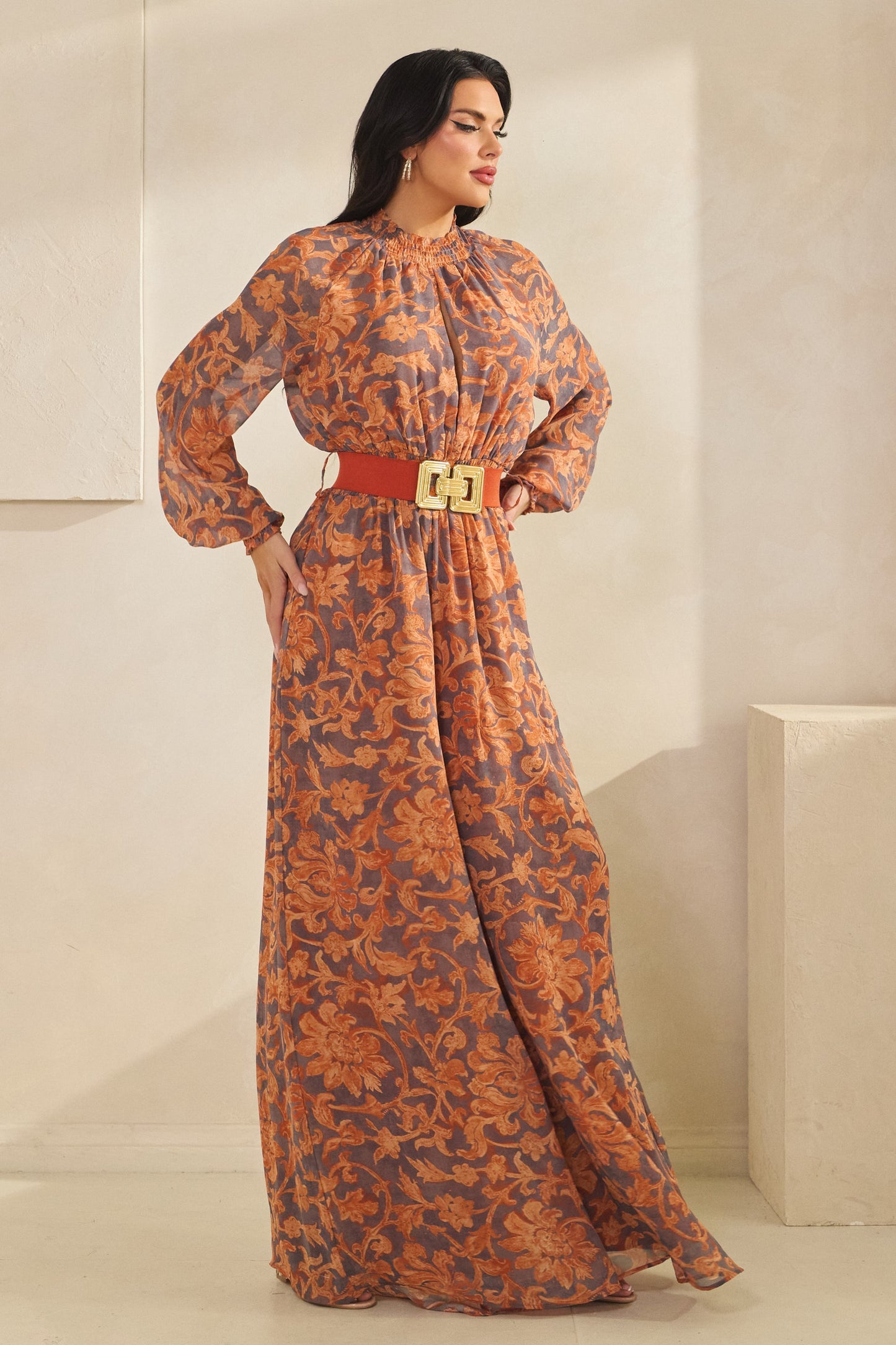 floral long sleeve mock neck wide leg jumpsuit