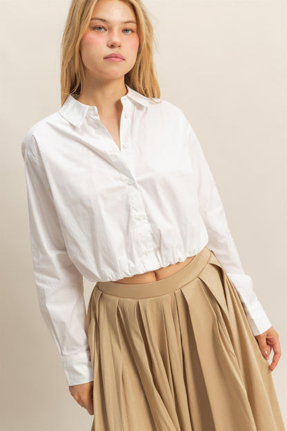 Crop Elastic Hem Long Sleeve Poplin Shirts
