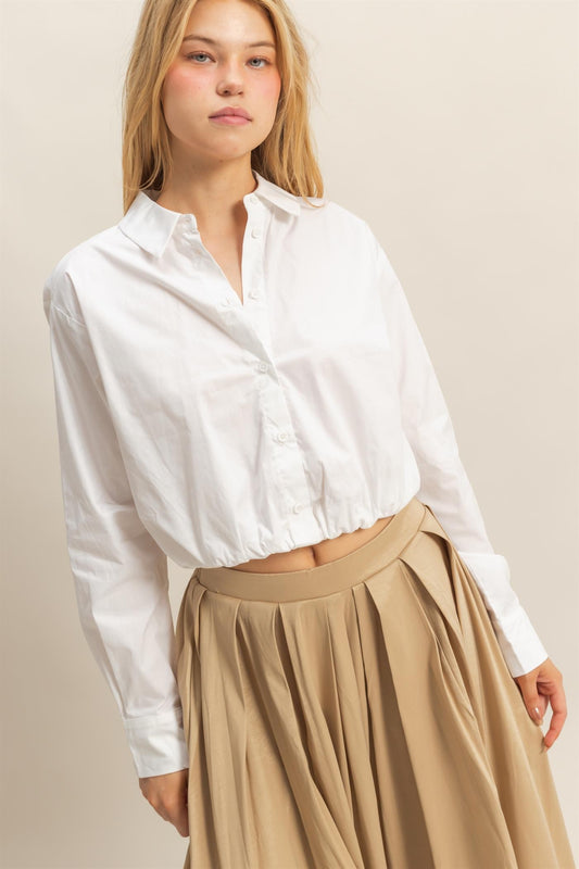 Crop Elastic Hem Long Sleeve Poplin Shirts