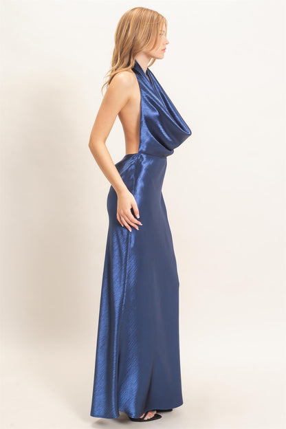Satin Cowl Neck Halter Maxi Dress