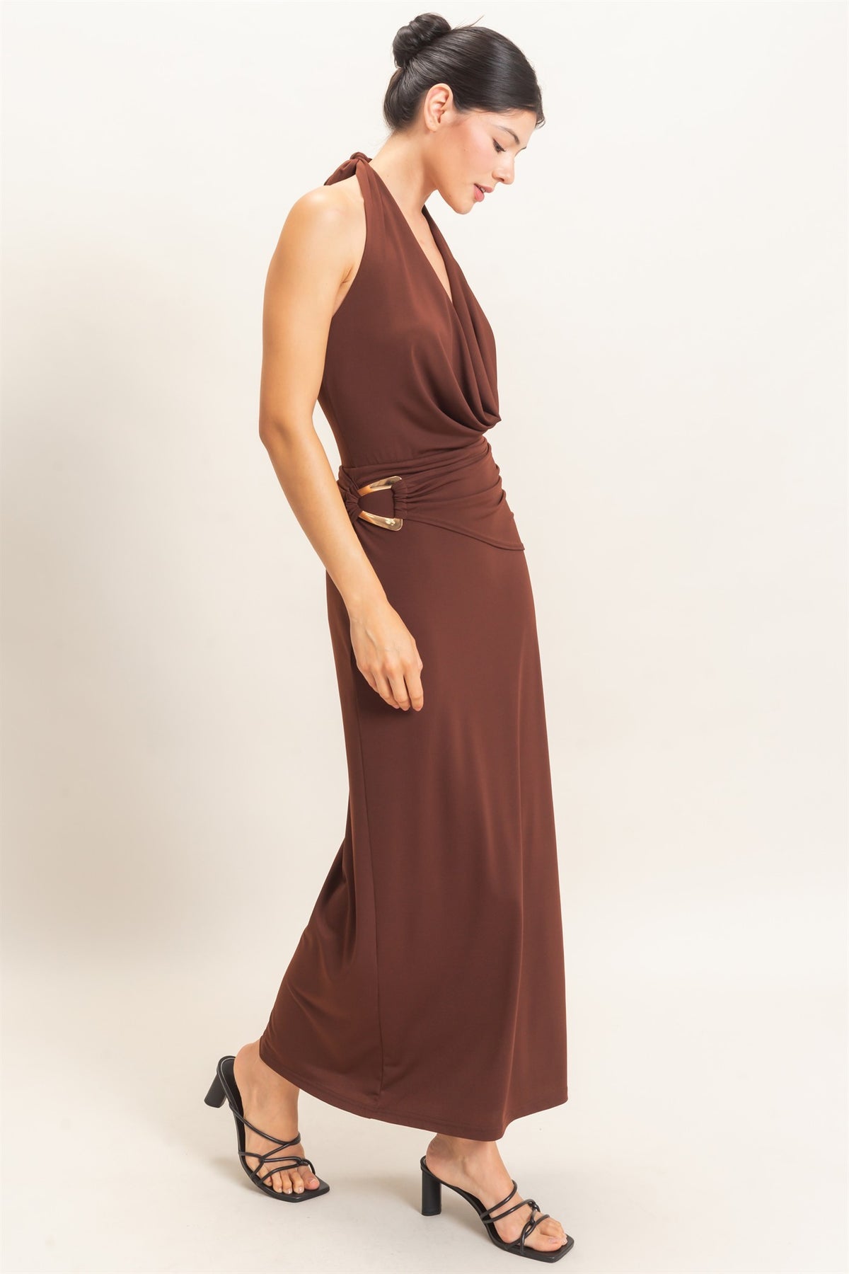 cowl halter neck draped waist maxi dress