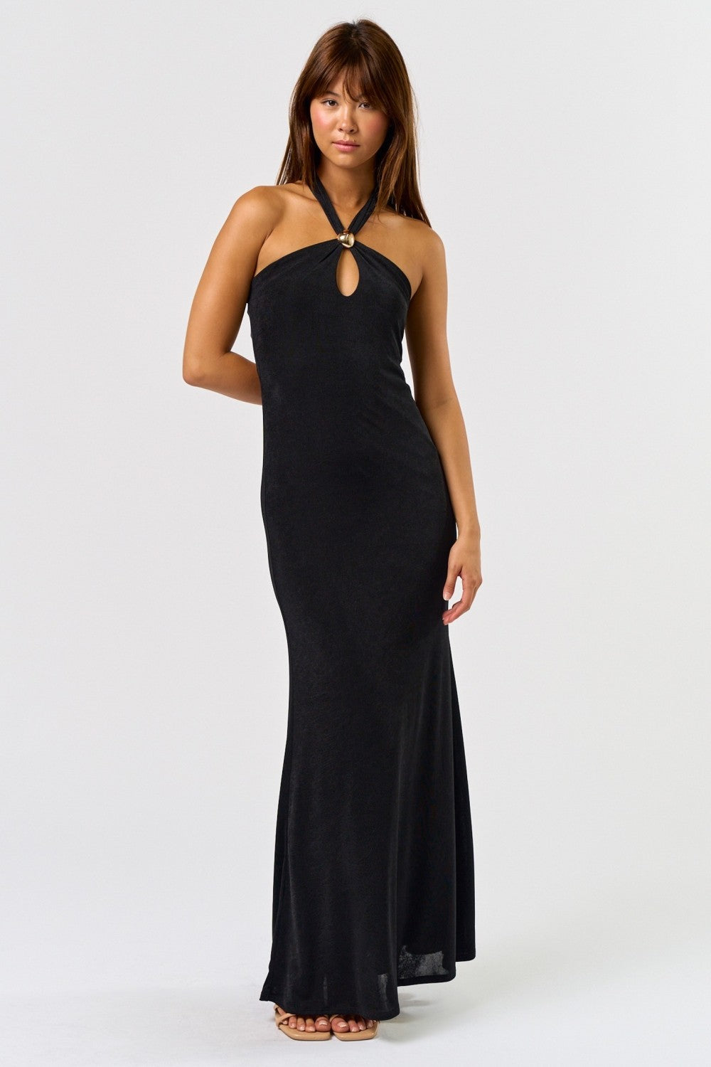Glam Metal Trim Halter Maxi Dress