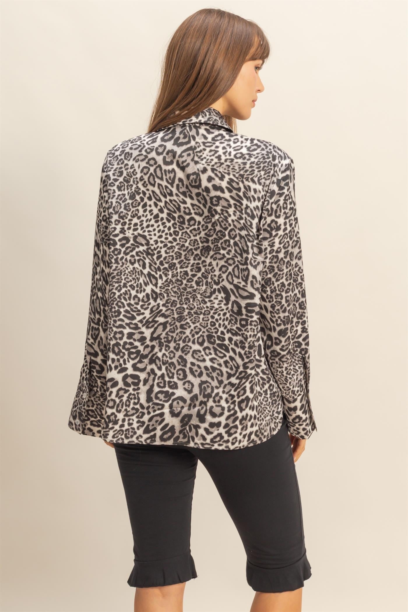 Leopard Print Satin Button-up Shirt