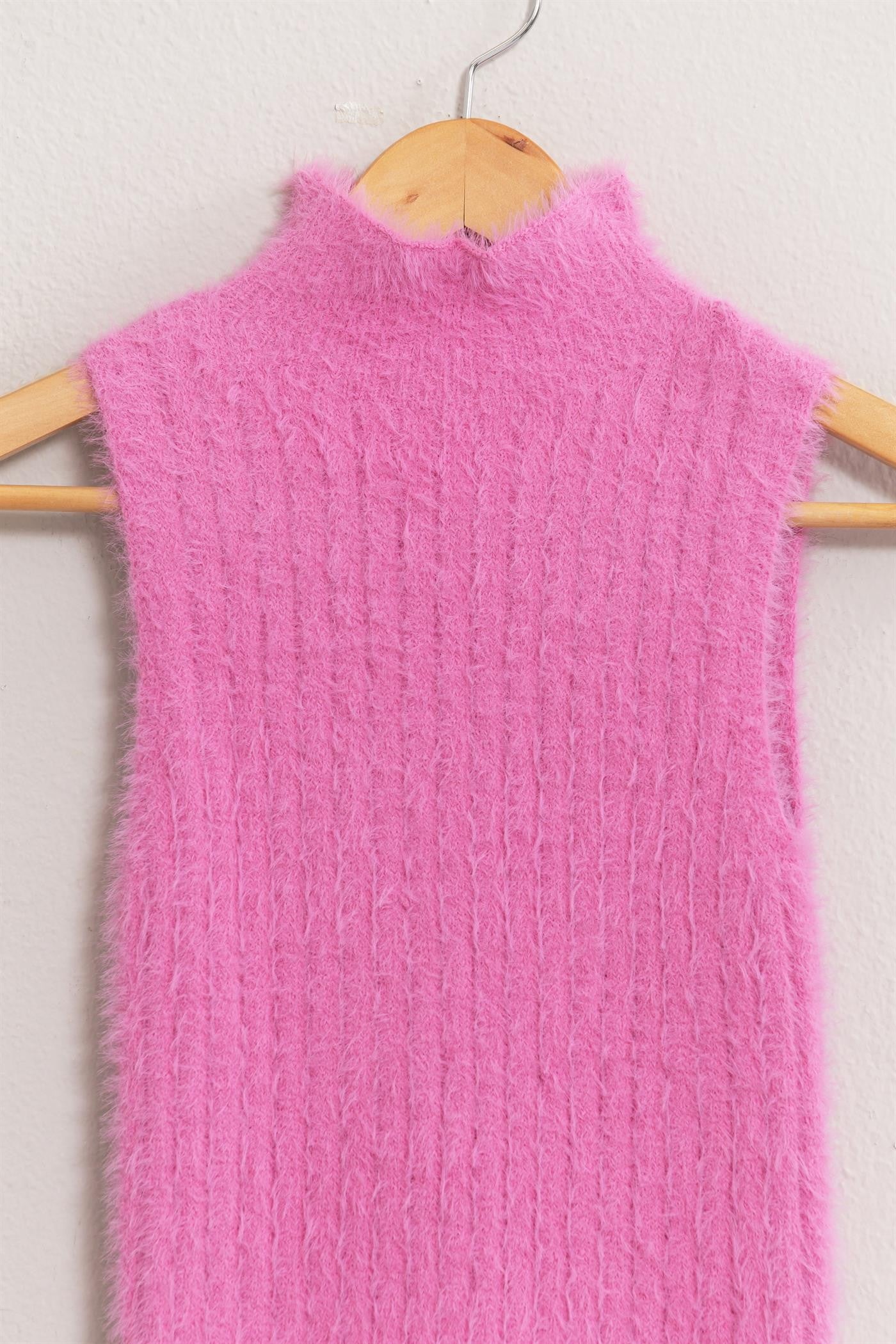 fuzzy mock neck sleeveless knit top