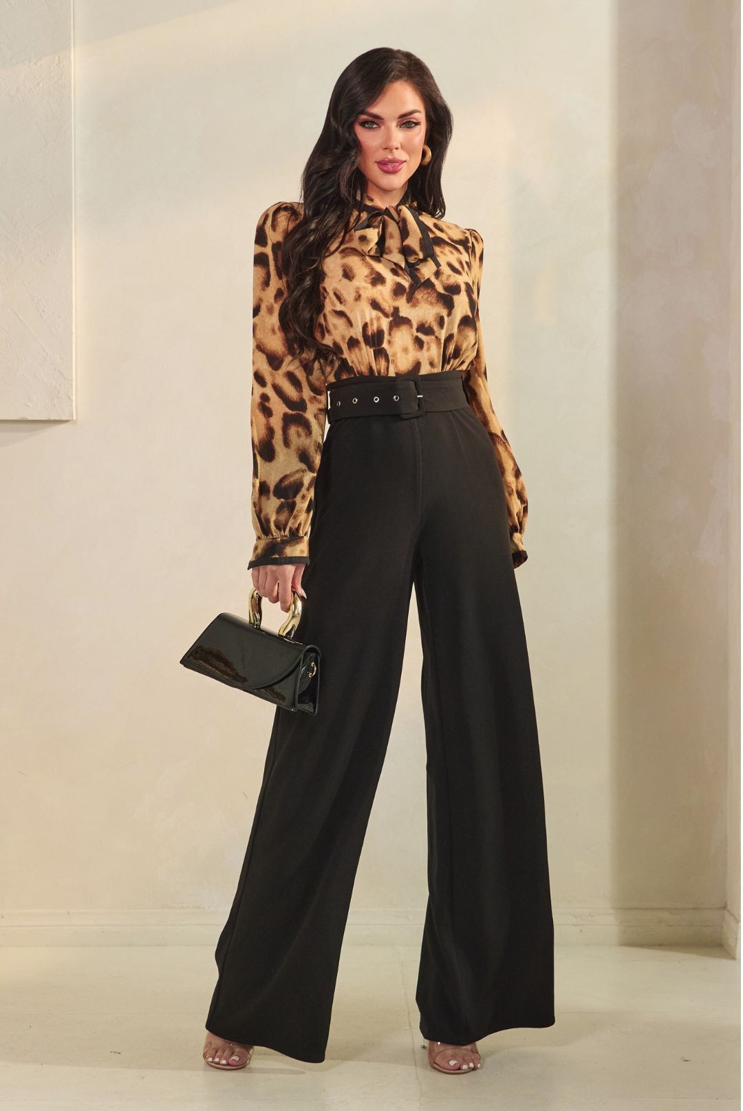 neck tie long sleeve 2 tone wide leg jumpsuit
