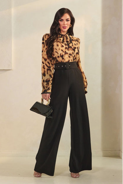 neck tie long sleeve 2 tone wide leg jumpsuit