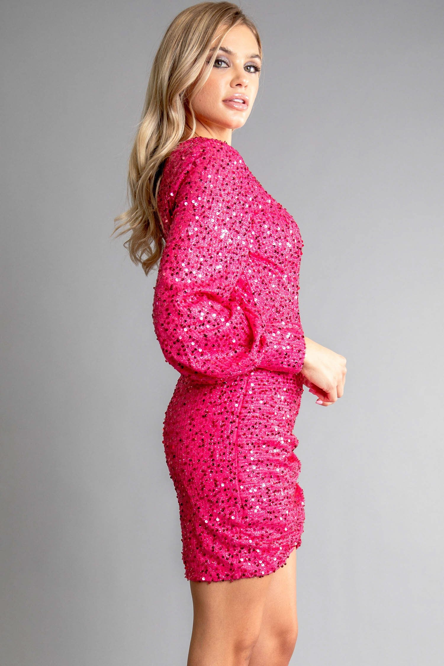 hot pink sequin long sleeve dress Hot Pink Sequins Bow Bust Long Sleeves Cut-Out Homecoming Dress Hot Pink / Custom Size