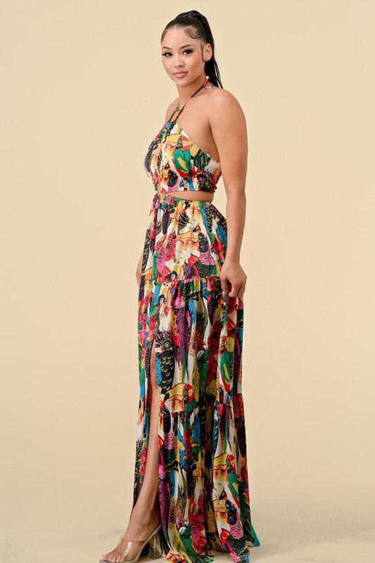 parrot print cut out halter maxi dress - RK Collections Boutique