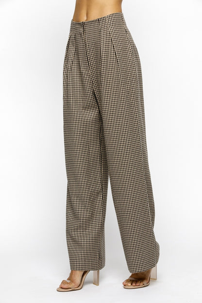 pleated houndstooth high waist wide leg pants