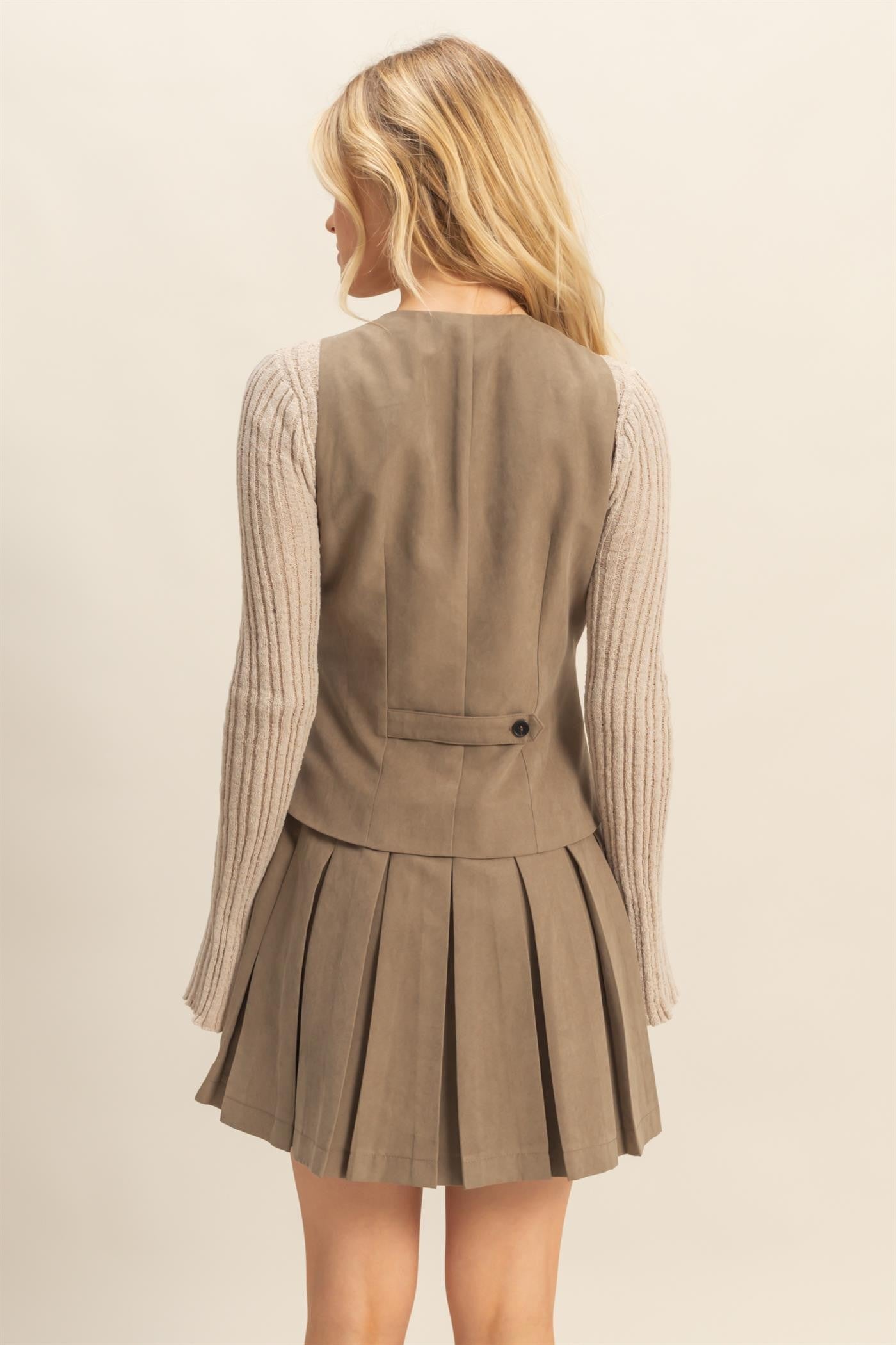 V-neck Buttoned Vest With Pleated Skirt Dress