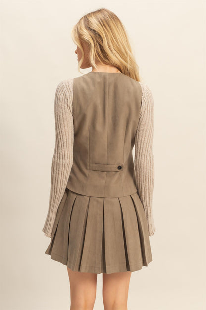 V-neck Buttoned Vest With Pleated Skirt Dress
