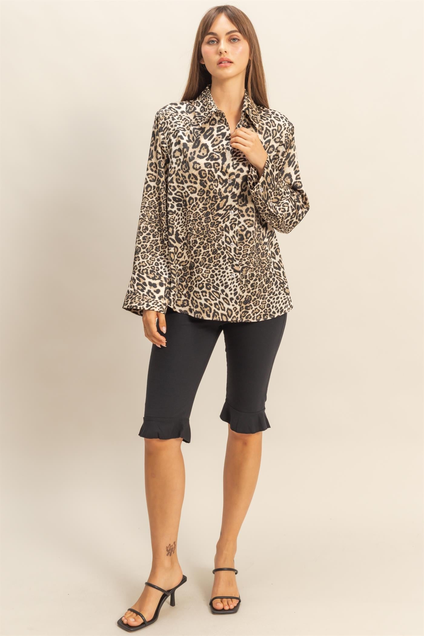 Leopard Print Satin Button-up Shirt