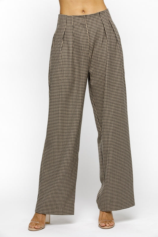 pleated houndstooth high waist wide leg pants