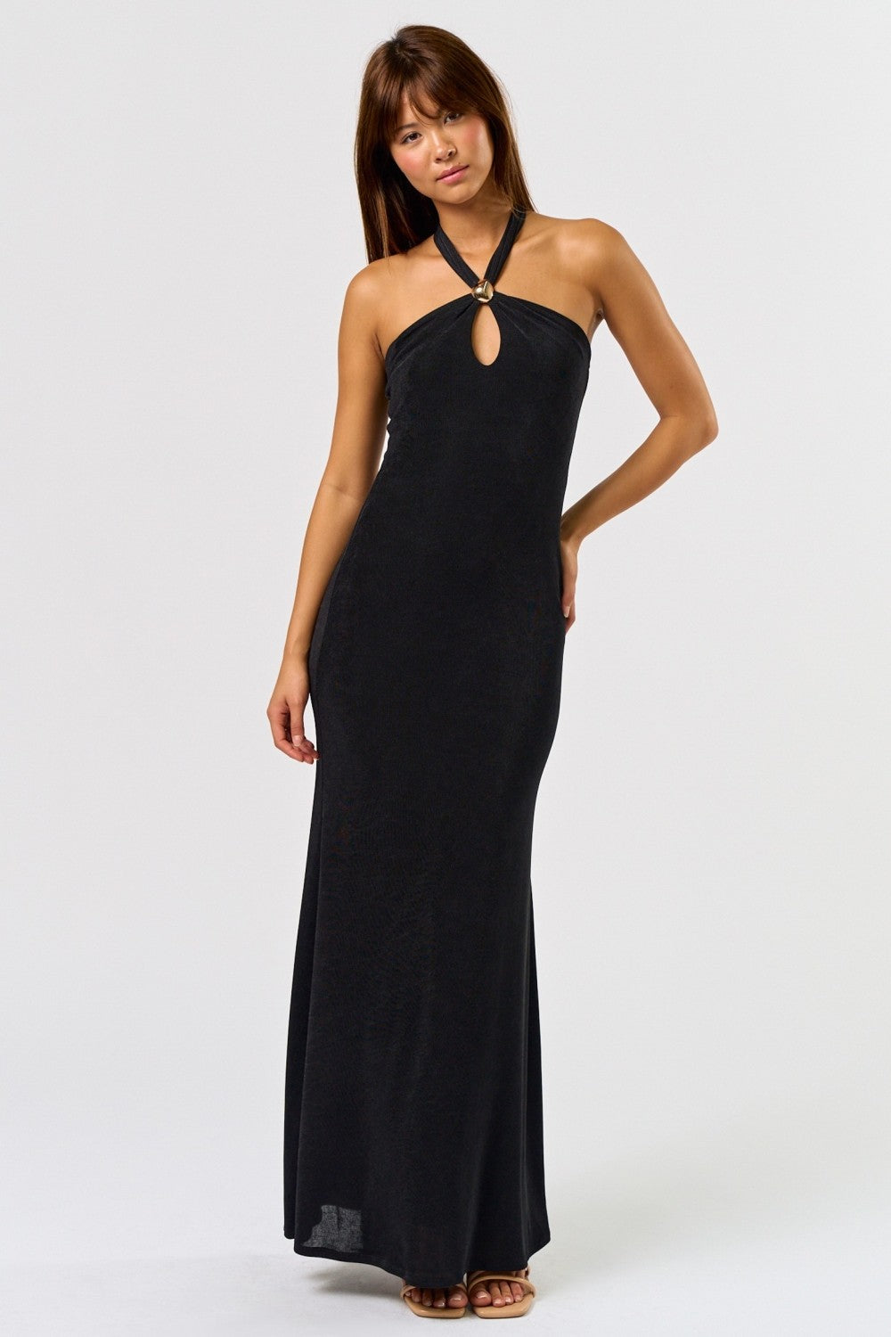 Glam Metal Trim Halter Maxi Dress