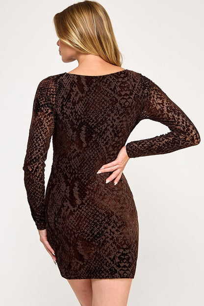 Snakeskin Mesh Long Sleeve Mini Dress