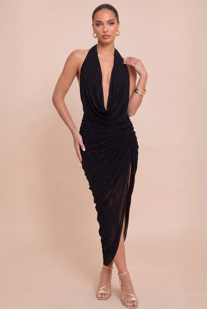 Studded Plunging Mesh Ruched Halter Dress