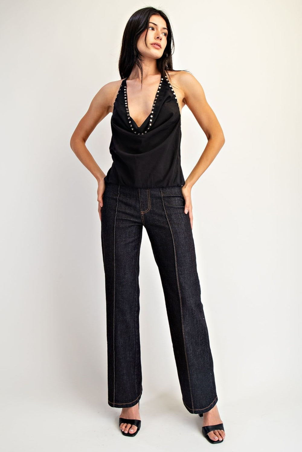 Studded Cowl Neck Halter Top