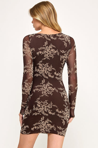 Floral Mesh Long Sleeve Mini Dress