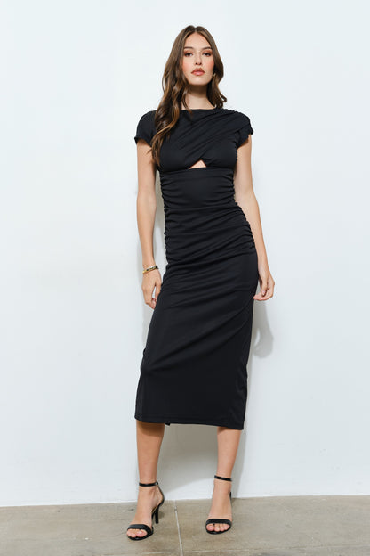 Short Sleeve Cutout Ruched Bodycon Midi Dress