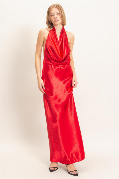 Satin Cowl Neck Halter Maxi Dress